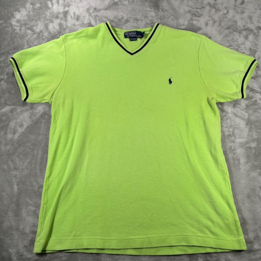 Polo Ralph Lauren Mens V-Neck T-Shirt Lime Green Navy Tipped Pique‎ Cotton Small